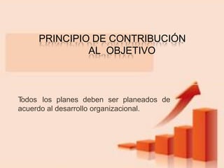 T
odos los planes deben ser planeados de
acuerdo al desarrollo organizacional.
PRINCIPIO DE CONTRIBUCIÓN
AL OBJETIVO
 