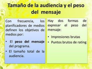 Tamaño de la audiencia y el peso
del mensaje
Con frecuencia, los
planificadores de medios
definen los objetivos de
medios por:
• El peso del mensaje
del programa.
• El tamaño total de la
audiencia.
Hay dos formas de
expresar el peso del
mensaje:
• Impresiones brutas
• Puntos brutos de rating
 