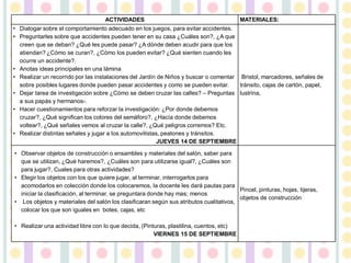 ACTIVIDADES MATERIALES:
• Dialogar sobre el comportamiento adecuado en los juegos, para evitar accidentes.
• Preguntarles sobre que accidentes pueden tener en su casa ¿Cuáles son?, ¿A que
creen que se deban? ¿Qué les puede pasar? ¿A dónde deben acudir para que los
atiendan? ¿Cómo se curan?, ¿Cómo los pueden evitar? ¿Qué sienten cuando les
ocurre un accidente?.
• Anotas ideas principales en una lámina
• Realizar un recorrido por las instalaciones del Jardín de Niños y buscar o comentar
sobre posibles lugares donde pueden pasar accidentes y como se pueden evitar.
• Dejar tarea de investigación sobre ¿Cómo se deben cruzar las calles? – Preguntas
a sus papás y hermanos-.
• Hacer cuestionamientos para reforzar la investigación: ¿Por donde debemos
cruzar?, ¿Qué significan los colores del semáforo?, ¿Hacía donde debemos
voltear?, ¿Qué señales vemos al cruzar la calle?, ¿Qué peligros corremos? Etc.
• Realizar distintas señales y jugar a los automovilistas, peatones y tránsitos.
JUEVES 14 DE SEPTIEMBRE
Bristol, marcadores, señales de
tránsito, cajas de cartón, papel,
lustrina,
• Observar objetos de construcción o ensambles y materiales del salón, saber para
que se utilizan, ¿Qué haremos?, ¿Cuáles son para utilizarse igual?, ¿Cuáles son
para jugar?, Cuales para otras actividades?
• Elegir los objetos con los que quiere jugar, al terminar, interrogarlos para
acomodarlos en colección donde los colocaremos, la docente les dará pautas para
iniciar la clasificación, al terminar, se preguntara donde hay mas; menos
• Los objetos y materiales del salón los clasificaran según sus atributos cualitativos,
colocar los que son iguales en botes, cajas, etc
• Realizar una actividad libre con lo que decida, (Pinturas, plastilina, cuentos, etc)
VIERNES 15 DE SEPTIEMBRE
Pincel, pinturas, hojas, tijeras,
objetos de construcción
 