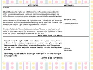 ACTIVIDADES MATERIALES:
CIERRE.
Llevar dibujos de las reglas que establecieron los niños, se debe ir guiando a los
niños para que se establezcan reglas que sean necesarias y adecuadas para los
niños, debemos empezar con pocas reglas para que los niños las recuerden y acaten.
Mostrarles a los niños los dibujos que trajimos de casa, y pedirles que nos relaten que
les dicen esos dibujos y despues leerles la regla, y buscar entre todos cual es el lugar
correcto para pegarla y que siempre la podamos ver y recordar.
Por ejemplo: la regla “Tiramos la basura en su lugar”, lo ideal es pegarla cerca del
cesto de basura, para que el niño la relacione, y cuando un niño tire basura en el piso,
tomar una pasua y señalar y recordarles que dice esa regla.
MIERCOLES 20 DE SEPTIEMBRE
Reglas del salón
Cartulinas de colores
Ya que tenemos las reglas visibles en el salon de clases, es momento de hacer
un listado de las consecuencias que vamos a tener si no cumplimos las reglas,
dejar que sean los niños quienes propongan los castigos pero irlos guiando
para que sean castigos favorables para que los niños logren el objetivo de esta
actividad.
Escribirlos y pegar la cartulina en un lugar visible para ue los niños lo tengan
siempre presente.
JUEVES 21 DE SEPTIEMBRE
Cartulina
Marcadores.
 