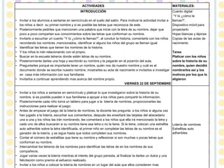 ACTIVIDADES MATERIALES:
INTRODUCCIÓN
• Invitar a los alumnos a sentarse en semicírculo en el suelo del salón. Para motivar la actividad invitar a
los niños a decir su primer nombre y si es posible las letras que reconozca de este.
• Posteriormente pedirles que mencionen una palabra que inicie con la letra de su nombre, dejar que
poco a poco compartan sus conocimientos sobre las letras que conforman su nombre.
• Invitarlo a escuchar un cuento “Y tú ¿cómo te llamas?”, al concluir la historia, comentarla con los niños
recordando los nombres ,mencionados, identificar si alguno los niños del grupo se llaman igual
• Identificar las letras que tienen los nombres de la historia.
• Y los niños lo irán relacionando con el propio.
• Buscar en la escuela letreros donde estén letras de su nombre.
• Posteriormente darles una hoja y escribirán su nombre y la pegarán en el pizarrón del aula.
• Preguntarles porqué es importante tener un nombre, quién nos da nuestro nombre y cuál es el
documento donde se escribe nuestro nombre, mostrarles su acta de nacimiento e invitarlos a investigar
en casa más información con sus familiares
• Invitarlos a continuar aprendiendo mas acerca del nombre propio.
VIERNES 22 DE SEPTIEMBRE
Cuento digital
“Y tú ¿cómo te
llamas?”,
Dispositivo móvil para
proyectarlo
Hojas blancas y lápices
Copias de las actas de
nacimiento
Tarea:
Platicar con los niños
sobre la historia de su
nombre, quien decidió
nombrarlos así y los
motivos por los que lo
eligieron
• Invitar a los niños a sentarse en semicírculo y platicar lo que investigaron sobre la historia de su
nombre, si es posible pueden ir sus familiares a apoyar a los niños para compartir la información.
• Posteriormente cada niño toma un tablero para jugar a la lotería de nombres, proporcionarles las
instrucciones para realizar el juego:
• Antes de empezar el juego de la lotería de nombres, la docente les pregunta a los niños si alguna vez
han jugado a la lotería, escuchar sus comentarios, después les enseñará las tarjetas del abecedario
una a una y los niños las irán nombrando, les comentará a los niños que ella irá mencionado la letra y
cada uno de ellos buscarán si su nombre tiene esa letra o no la tiene. Si la tiene, colocan una estrellita
auto adherible sobre la letra identificada, el primer niño en completar las letras de su nombre es el
ganador de la lotería, y se sigue hasta que todos completen sus nombres.
• Contar el número de estrellitas que tiene su nombre y reflexionar si son muchas o pocas letras que
conforman su nombre.
• Intercambiar los letreros de los nombres para identificar las letras de en los nombres de sus
compañeros.
• Jugar varias veces la lotería mientras el interés del grupo persista, al finalizar la darles un dulce y una
felicitación como premio al esfuerzo realizado.
• Invitar a los niños a colocar la lotería de nombres en un lugar del aula que ellos consideren mas
Lotería de nombres
Estrellitas auto
adheribles
 