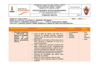 SUBSECRETARÍA DE EDUCACIÓN MEDIA SUPERIOR Y SUPERIOR
DIRECCIÓN GENERAL DE OPERACIÓN DE SERVICIOS
DE EDUCACIÓN MEDIA SUPERIOR Y SUPERIOR
SUBDIRECCIÓN DE FORMACIÓN DOCENTE
CENTRO REGIONAL DE EDUCACIÓN NORMAL
LICENCIATURA EN EDUCACIÓN PREESCOLAR
CICLO ESCOLAR 2015 - 2016
Fecha de Elaboración:
PLANEACIÓN DIDÁCTICA Página 4
NOMBRE DEL JARDIN DE NIÑOS: ________________ GRADO: ___GRUPO: “__”
NOMBRE DE LA SITUACIÓN DE APRENDIZAJE: MEMORAMA “KIDS MEMORY”
CAMPO FORMATIVO: PENSAMIENTO MATEMÁTICO_________ ASPECTO: FORMA, ESPACIO Y MEDIDA.
COMPETENCIA: CONSTRUYE OBJETOS Y FIGURAS GEOMÉTRICAS TOMANDO EN CUENTA SUS CARACTERÍSTICAS.
APRENDIZAJES ESPERADOS SECUENCIA DE ACTIVIDADES RECURSOS TIEMPO Y
ESPACIO
 Describe semejanzas
y diferencias que
observa al comparar
objetos de su
entorno, así como
figuras geométricas
entre sí.
 Entrar al salón de clases a las 9:00 am y
comenzar la actividad haciendo preguntas
¿Saben que es el memorama? ¿Han jugado el
memorama?
 Mostrarles un memorama en físico para que los
niños observen y entiendan en que va a
consistir la actividad
 Hacer equipos de 4 personas y sentar en las
sillas a cada equipo en una computadora las
cuales ya estarán prendidas y explicar en qué
consiste la actividad que realizaran los niños.
 Dar la explicación de cómo entrar a la aplicación
Kids memory de la actividad del “memorama”
 Observar las estrategias que utilizan para
desarrollar la actividad.
 Apoyar en caso de que les surja una duda.
 Al finalizar hacer preguntas sobre la actividad
realizada.
o Computadora
o Ratón
o Teclado
o Bocinas
o Dos
horas
por
semana
o Aula
 