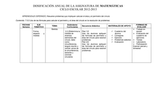 DOSIFICACIÓN ANUAL DE LA ASIGNATURA DE MATEMÁTICAS
                                    CICLO ESCOLAR 2012-2013

        APRENDIZAJE ESPERADO:.Resuelve problemas que impliquen calcular el área y el perímetro del círculo

Contenido: 7.5.5 Uso de las fórmulas para calcular el perímetro y el área del círculo en la resolución de problemas.

       FECHAS           EJE                                   Estándares                                                                         FORMAS DE
                                            TEMA                                 Secuencia didáctica              MATERIALES DE APOYO
       Semana         TEMÁTICO                                Curriculares                                                                        EVALUAR
                                            Medida                                                                                             Trabajo en
                     Forma                                   2.2.2Determina la   Plan 1/2                               Cuaderno del            equipo
                     espacio      y                         medida de            Que los alumnos apliquen                alumno                Evaluación del
                     medida                                 diversos             las formulas de perímetro y            Consignas               cuaderno de
                                                            elementos del        área del círculo para resolver         Ejercicio               ejercicios
                                                            círculo, tales       problemas.                             Problemas selectos    Tareas
                                                            como                 Plan 2/2                               Evaluación            Laboratorio
                                                            circunferencia,      Que los alumnos apliquen                                      Participación
                                                            ángulo inscrito y    las formulas de perímetro y                                  Examen parcial y
                                                            central, arcos de    área del círculo para resolver                               bimestral
                                                            la circunferencia,   problemas.
                                                            sectores y
                                                            coronas
                                                            circulares.
 