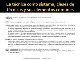 SUBTEMA 2 La técnica como sistema, clases de técnicas y sus elementos comunes
ACTIVIDAD 3
INICIO:Visitar, por equipos, un taller que se dedique al mantenimiento o reparación de aparatos electrónicos.
DESARROLLO: Registrar las principales técnicas que emplean y elaborar una tabla en la que se organicen éstas, identificar sus
principales acciones (estratégicas e instrumentales), así como sus medios y fines.
 El docente realizara una demostración sobre los diferentes componentes básicos (dispositivo que forma parte de un
circuito electrónico) que existen y se emplean en la electrónica, como activos y pasivos. Establecer las características,
fuentes de alimentación, así como sus diferencias.
 El profesor mostrara el diagrama de algunos de los componentes electrónicos expuestos y que se emplean en la
electrónica, como: condensador, resistencia, diodo, bobina, relé y transistor, entre otros, e identificar su estructura física,
material de fabricación, funcionamiento, tipo de energía que emplea. Presentar los resultados en plenaria.
CIERRE: Los alumnos presentaran informe escrito en sus cuadernos.
 Realizar, por equipos, bajo la supervisión del profesor, el diseño de un circuito electrónico básico en el que se integre el
empleo de algún componente expuesto con anterioridad. Considerar algunos elementos teóricos para ello: corriente
eléctrica, ley de ohm, magnetismo, intensidad y potencia, entre otros. Explicaran de manera escrita el funcionamiento del
circuito.
PAPEL DEL ALUMNO: Participen en las situaciones de aprendizaje de manera individual y grupal.
PAPEL DEL DOCENTE: Asegure la participación equitativa del grupo, el respeto entre sus integrantes, el diálogo, el consenso y
la toma de acuerdos.
Prof.MarcoA. Muñoz Campos Esc. Sec.Tec. 60
 