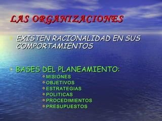 LAS ORGANIZACIONES

• EXISTEN RACIONALIDAD EN SUS
 COMPORTAMIENTOS


• BASES DEL PLANEAMIENTO:
        MISIONES
        OBJETIVOS
        ESTRATEGIAS
        POLITICAS
        PROCEDIMIENTOS
        PRESUPUESTOS
 