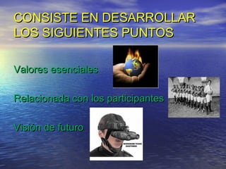 CONSISTE EN DESARROLLAR
LOS SIGUIENTES PUNTOS

Valores esenciales

Relacionada con los participantes

Visión de futuro
 