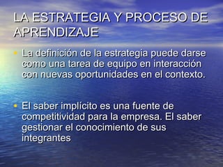 LA ESTRATEGIA Y PROCESO DE
APRENDIZAJE
• La definición de la estrategia puede darse
 como una tarea de equipo en interacción
 con nuevas oportunidades en el contexto.


• El saber implícito es una fuente de
 competitividad para la empresa. El saber
 gestionar el conocimiento de sus
 integrantes
 
