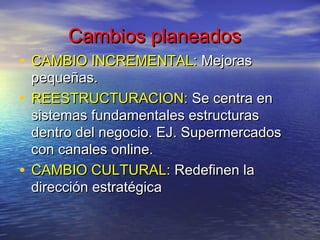 Cambios planeados
• CAMBIO INCREMENTAL: Mejoras
  pequeñas.
• REESTRUCTURACION: Se centra en
  sistemas fundamentales estructuras
  dentro del negocio. EJ. Supermercados
  con canales online.
• CAMBIO CULTURAL: Redefinen la
  dirección estratégica
 