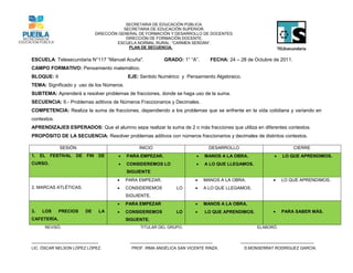 SECRETARIA DE EDUCACIÓN PÚBLICA.
                                            SECRETARIA DE EDUCACIÓN SUPERIOR.
                                DIRECCIÓN GENERAL DE FORMACIÓN Y DESARROLLO DE DOCENTES.
                                             DIRECCIÓN DE FORMACIÓN DOCENTE.
                                         ESCUELA NORMAL RURAL: “CARMEN SERDÁN”.
                                              PLAN DE SECUENCIA.


ESCUELA: Telesecundaria N°117 “Manuel Acuña".                GRADO: 1° “A”.      FECHA: 24 – 28 de Octubre de 2011.
CAMPO FORMATIVO: Pensamiento matemático.
BLOQUE: II                                   EJE: Sentido Numérico y Pensamiento Algebraico.
TEMA: Significado y uso de los Números.
SUBTEMA: Aprenderá a resolver problemas de fracciones, donde se haga uso de la suma.
SECUENCIA: 9.- Problemas aditivos de Números Fraccionarios y Decimales.
COMPETENCIA: Realiza la suma de fracciones, dependiendo a los problemas que se enfrente en la vida cotidiana y variando en
contextos.
APRENDIZAJES ESPERADOS: Que el alumno sepa realizar la suma de 2 o más fracciones que utiliza en diferentes contextos.
PROPÓSITO DE LA SECUENCIA: Resolver problemas aditivos con números fraccionarios y decimales de distintos contextos.

             SESIÓN                               INICIO                         DESARROLLO                           CIERRE
1.   EL   FESTIVAL   DE   FIN    DE         PARA EMPEZAR.                    MANOS A LA OBRA.                 LO QUE APRENDIMOS.
CURSO.                                      CONSIDEREMOS LO                  A LO QUE LLEGAMOS.
                                             SIGUIENTE
                                            PARA EMPEZAR.                    MANOS A LA OBRA.                 LO QUE APRENDIMOS.
2. MARCAS ATLÉTICAS.                        CONSIDEREMOS         LO          A LO QUE LLEGAMOS.
                                             SIGUIENTE.
                                            PARA EMPEZAR                     MANOS A LA OBRA.
3.   LOS     PRECIOS      DE     LA         CONSIDEREMOS         LO          LO QUE APRENDIMOS.               PARA SABER MÁS.
CAFETERÍA.                                   SIGUENTE.
      REVISÓ.                                     TITULAR DEL GRUPO.                                 ELABORÓ.


______________________________                _____________________________________           _________________________________
LIC. ÓSCAR NELSON LÓPEZ LÓPEZ.                 PROF. IRMA ANGÉLICA SAN VICENTE RINZA.          D.MONSERRAT RODRÍGUEZ GARCÍA.
 