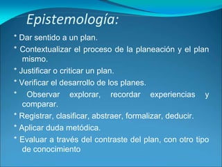 Epistemología:
* Dar sentido a un plan.
* Contextualizar el proceso de la planeación y el plan
mismo.
* Justificar o criticar un plan.
* Verificar el desarrollo de los planes.
* Observar explorar, recordar experiencias y
comparar.
* Registrar, clasificar, abstraer, formalizar, deducir.
* Aplicar duda metódica.
* Evaluar a través del contraste del plan, con otro tipo
de conocimiento
 