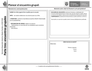 -------Cuaderno de acompañamiento familiar--------
Planear el encuentro grupal:
Momento tres: construyendo juntos Momento cuatro: ¿Qué nos llevamos? y ¿En qué quedamos?
¿Qué recursos se usarán?
Materiales
Pelotas y juguetes
Carton
foami
Servicios
Desarrollo
Infantil
en
Medio
Familiar
y
HCB
FAMI
Parte
tres:
encuentros
grupales
REFLEXIÓN DEL ENCUENTRO analizamos fortalezas y debilidades del
encuentro Retroalimentamos el tema visto, de esta mejorar y poder ofrecer
un servicio De calidad a cada uno de los beneficiarios del grupo de atención
COMPROMISOS actualización de documentos cuando asistimos a control o
Vacunación, en caso de no poder enviar la excusa debidamente justificada
JUEGO: los niños jugaran iba un pollito para la escuela
ARTE: las madres elaboraran una alcancía para sus niños
LITERATURA: cuenta la rosa blanca (cuento infantil relacionado
con la autoestima)
EXPLORACION DEL MEDIO: exploro mi entorno
Realizaremos un recorrido por los alrededores para recolectar
elementos
Del entorno
 