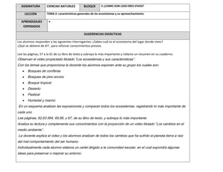 ASIGNATURA CIENCIAS NATURLES BLOQUE II ¿COMO SON LOSS ERES VIVOS?
LECCIÓN TEMA 2: características generales de los ecosistemas y su aprovechamiento.
APRENDIZAJES
ESPERADOS
SUGERENCIAS DIDÁCTICAS
Los alumnos responden a las siguientes interrogantes: ¿Sabes cuál es el ecosistema del lugar donde vives?
¿Qué se obtiene de él? , para reforzar conocimientos previos.
Lee las páginas, 57 a la 61 de su libro de texto y subraya lo más importante y redacta un resumen en su cuaderno.
Observan el video proyectado titulado “Los ecosistemas y sus características”.
Con los temas que proporciona la docente los alumnos exponen ante su grupo los cuales son:
Bosques de coníferas
Bosques de pino encino
Bosque tropical
Desierto
Pastizal
Humedal y marino
En un esquema analizan las exposiciones y comparan todos los ecosistemas, registrando lo más importante de
cada uno.
Lee páginas, 62,63.564, 65,66, y 67, de su libro de texto, y subraya lo más importante.
Analiza su lectura y complementa sus conocimientos con la proyección de un video titulado “Los cambios en el
medio ambiente”.
La docente explica el video y los alumnos analizan de todos los cambios que ha sufrido el planeta tierra a raíz
del mal comportamiento del ser humano.
Individualmente cada alumno elabora un cartel dirigido a la comunidad escolar, en el cual expondrá algunas
ideas para preservar o mejorar su entorno.
 