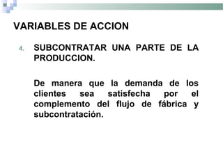 VARIABLES DE ACCION
4. SUBCONTRATAR UNA PARTE DE LA
PRODUCCION.
De manera que la demanda de los
clientes sea satisfecha por el
complemento del flujo de fábrica y
subcontratación.
 