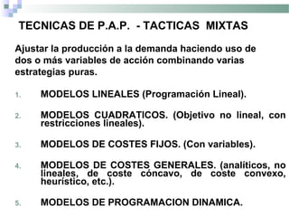 TECNICAS DE P.A.P. - TACTICAS MIXTAS
Ajustar la producción a la demanda haciendo uso de
dos o más variables de acción combinando varias
estrategias puras.
1. MODELOS LINEALES (Programación Lineal).
2. MODELOS CUADRATICOS. (Objetivo no lineal, con
restricciones lineales).
3. MODELOS DE COSTES FIJOS. (Con variables).
4. MODELOS DE COSTES GENERALES. (analíticos, no
lineales, de coste cóncavo, de coste convexo,
heurístico, etc.).
5. MODELOS DE PROGRAMACION DINAMICA.
 