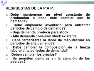 RESPUESTAS DE LA P.A.P.
1. Debe mantenerse un nivel constante de
producción o debe éste cambiar con la
demanda?
2. Debe emplearse inventario para enfrentar
periodos de cambio de demanda?
- Baja demanda producir para stock
- Alta demanda consumir stock existente.
3. Debe tercerizarse la labor de manufactura en
periodos de alta demanda?
4. Debe cambiar la composición de la fuerza
laboral ante periodos de demanda?
5. Deben cambiar los precios?
6. Se permiten demoras en la atención de los
pedidos?
 