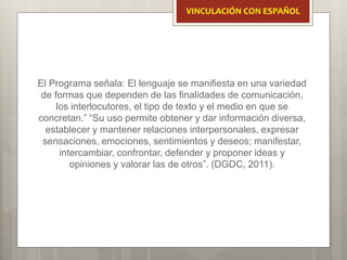 El Programa señala: El lenguaje se manifiesta en una variedad
de formas que dependen de las finalidades de comunicación,
los interlocutores, el tipo de texto y el medio en que se
concretan.” “Su uso permite obtener y dar información diversa,
establecer y mantener relaciones interpersonales, expresar
sensaciones, emociones, sentimientos y deseos; manifestar,
intercambiar, confrontar, defender y proponer ideas y
opiniones y valorar las de otros”. (DGDC, 2011).
VINCULACIÓN CON ESPAÑOL
 