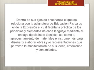 Dentro de sus ejes de enseñanza el que se
relaciona con la asignatura de Educación Física es
el de la Expresión el cual facilita la práctica de los
principios y elementos de cada lenguaje mediante el
ensayo de distintas técnicas, así como el
aprovechamiento de materiales e instrumentos para
diseñar y elaborar obras y /o representaciones que
permitan la manifestación de sus ideas, emociones
y sentimientos.
VINCULACIÓN CON
EDUCACIÓN ARTÍSTICAS
 