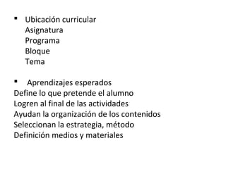  Ubicación curricular
Asignatura
Programa
Bloque
Tema
 Aprendizajes esperados
Define lo que pretende el alumno
Logren al final de las actividades
Ayudan la organización de los contenidos
Seleccionan la estrategia, método
Definición medios y materiales
 