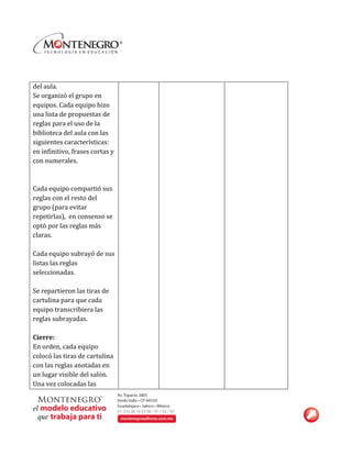  
	
  
del	
  aula.	
  
Se	
  organizó	
  el	
  grupo	
  en	
  
equipos.	
  Cada	
  equipo	
  hizo	
  
una	
  lista	
  de	
  propuestas	
  de	
  
reglas	
  para	
  el	
  uso	
  de	
  la	
  
biblioteca	
  del	
  aula	
  con	
  las	
  
siguientes	
  características:	
  
en	
  infinitivo,	
  frases	
  cortas	
  y	
  
con	
  numerales.	
  	
  
	
  
	
  
Cada	
  equipo	
  compartió	
  sus	
  
reglas	
  con	
  el	
  resto	
  del	
  
grupo	
  (para	
  evitar	
  
repetirlas),	
  	
  en	
  consenso	
  se	
  
optó	
  por	
  las	
  reglas	
  más	
  
claras.	
  
	
  
Cada	
  equipo	
  subrayó	
  de	
  sus	
  
listas	
  las	
  reglas	
  
seleccionadas.	
  
	
  
Se	
  repartieron	
  las	
  tiras	
  de	
  
cartulina	
  para	
  que	
  cada	
  
equipo	
  transcribiera	
  las	
  
reglas	
  subrayadas.	
  
	
  
Cierre:	
  
En	
  orden,	
  cada	
  equipo	
  
colocó	
  las	
  tiras	
  de	
  cartulina	
  
con	
  las	
  reglas	
  anotadas	
  en	
  
un	
  lugar	
  visible	
  del	
  salón.	
  
Una	
  vez	
  colocadas	
  las	
  
 