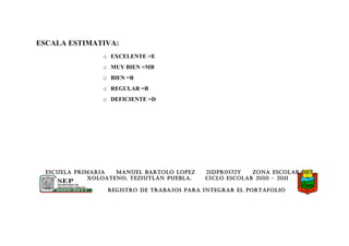 ESCALA ESTIMATIVA:
                 o EXCELENTE =E
                 o MUY BIEN =MB
                 o BIEN =B
                 o REGULAR =R
                 o DEFICIENTE =D




  ESCUELA PRIMARIA   MANUEL BARTOLO LOPEZ    21DPR0572Y   ZONA ESCOLAR:007
              XOLOATENO, TEZIUTLÁN PUEBLA.   CICLO ESCOLAR 2010 – 2011

                  REGISTRO DE TRABAJOS PARA INTEGRAR EL PORTAFOLIO
 