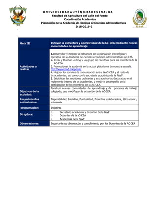 U N I V E R S I D A D A U T Ó N O M A D E S I N A L O A
Facultad de Agricultura del Valle del Fuerte
Coordinación Académica
Planeación de la Academia de ciencias económico-administrativas
2018-2019-2
.
Meta III Innovar la estructura y operatividad de la AC-CEA mediante nuevas
comunidades de aprendizaje
Actividades a
realizar
1.Desarrollar y mejorar la estructura de la planeación estratégica y
operativa de la Academia de ciencias económico-administrativas AC-CEA.
2. Crear y Diseñar un blog y un grupo de Facebook para los miembros de la
AC-CEA.
3. Promocionar la academia en la actual plataforma de nuestra escuela
http://www.favf.mx/portal/
4. Mejorar los canales de comunicación entre la AC-CEA y el resto de
las academias, así como con la secretaria académica de la FAVF.
5. Establecer las reuniones ordinarias y extraordinarias declaradas en el
reglamento interno de las academias, y medir el desempeño de la
participación de los miembros de la AC-CEA.
Objetivos de la
actividad:
Construir nuevas comunidades de aprendizaje y de procesos de trabajo
colegiado, que modifiquen la actuación de la AC-CEA.
Requerimientos
actitudinales:
Disponibilidad, Iniciativa, Puntualidad, Proactiva, colaboradora, ético-moral ,
entusiasta
programación: Indistinta
Dirigido a:
 Secretario académico y dirección de la FAVF
 Docentes de la AC-CEA
 Academias de la FAVF
Observaciones: Importante su observación y cumplimiento por los Docentes de la AC-CEA
 
