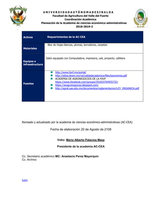 U N I V E R S I D A D A U T Ó N O M A D E S I N A L O A
Facultad de Agricultura del Valle del Fuerte
Coordinación Académica
Planeación de la Academia de ciencias económico-administrativas
2018-2019-2
.
Revisado y actualizado por la academia de ciencias económico-administrativas (AC-CEA)
Fecha de elaboración 20 de Agosto de 2108
Vobo: Mario Alberto Palacios Meza
Presidente de la academia AC-CEA
Cc. Secretario académico MC: Anastacio Perez Mayorquin
Cc. Archivo
Subir
Activos Requerimientos de la AC-CEA
Materiales
Bloc de Hojas blancas, plumas, borradores, carpetas
Equipos e
infraestructura
Salón equipado con Computadora, impresora, usb, proyecto, cafetera
Fuentes
http://www.favf.mx/portal/
http://sitios.itesm.mx/va/calidadacademica/files/taxonomia.pdf
ACADEMIA DE AGRONEGOCIOS DE LA FAVF
https://www.facebook.com/groups/291833764935732/
https://acagronegocios.blogspot.com/
http://agral.uas.edu.mx/documentos/reglamentacion/LEY_ORGANICA.pdf
 