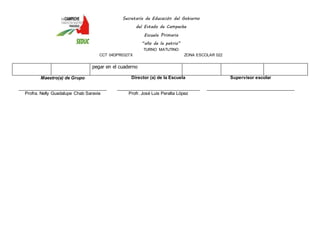 Secretaría de Educación del Gobierno 
del Estado de Campeche 
Escuela Primaria 
“año de la patria” 
TURNO MATUTINO 
CCT 04DPR0327X ZONA ESCOLAR 022 
pegar en el cuaderno 
Maestro(a) de Grupo 
____________________________________ 
Profra. Nelly Guadalupe Chab Saravia 
Director (a) de la Escuela 
__________________________________ 
Profr. José Luis Peralta López 
Supervisor escolar 
____________________________________ 
 