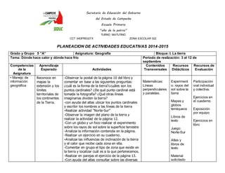 Secretaría de Educación del Gobierno 
del Estado de Campeche 
Escuela Primaria 
“año de la patria” 
TURNO MATUTINO 
CCT 04DPR0327X ZONA ESCOLAR 022 
PLANEACION DE ACTIVIDADES EDUCATIVAS 2014-2015 
Grado y Grupo 5 ”A” Asignatura: Geografía Bloque: I. La tierra 
Tema: Dónde hace calor y dónde hace frío Periodo de realización: 3 al 12 de 
septiembre 
Competencias 
de la 
Asignatura 
Aprendizaje 
Esperado 
Actividades 
Contenidos 
Transversales 
Recursos 
Didácticos 
Recursos de 
Evaluación 
• Manejo de 
información 
geográfica 
Reconoce en 
mapas la 
extensión y los 
límites 
territoriales de 
los continentes 
de la Tierra. 
-Observar la postal de la página 10 del libro y 
comentar en base a las siguientes preguntas: 
¿cuál es la forma de la tierra?¿cuáles son los 
puntos cardinales? ¿De qué punto cardinal está 
tomada la fotografía? ¿Qué otras líneas 
imaginarias dividen la tierra? 
-con ayuda del atlas ubicar los puntos cardinales 
y escribir los nombres a las líneas de la tierra 
-Realizar actividad “Norte-Sur” 
-Observar la imagen del plano de la tierra y 
realizar la actividad de la página 12. 
-Con un globo y un foco realizar el experimento 
sobre los rayos de sol sobre la superficie terrestre 
-Analizar la información contenida en la página. 
-Realizar un ejercicio en su cuaderno. 
-Analizar las influencias de inclinación de la tierra 
y el calor que recibe cada zona en ella. 
-Comentar en grupo el tipo de zona que existe en 
la tierra y localizar cuál es a la que pertenecemos. 
-Realizar en parejas el ejercicio de la página 13. 
-Con ayuda del atlas consultar sobre las diversas 
Matemáticas: 
Líneas 
perpendiculares 
y paralelas. 
Experiment 
o: rayos del 
sol sobre la 
tierra 
Mapas y 
globos 
terráqueos 
Libros de 
texto 
Juego: 
Norte-Sur 
Atlas y 
libros de 
texto 
Material 
solicitado 
Participación 
oral individual 
y colectiva. 
Ejercicios en 
el cuaderno 
Exposición 
por equipo 
Ejercicios en 
libro 
 