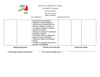 Secretaría de Educación del Gobierno 
del Estado de Campeche 
Escuela Primaria 
“año de la patria” 
TURNO MATUTINO 
CCT 04DPR0327X ZONA ESCOLAR 022 
A niversario de mis padres”. 
-Elaborar un párrafo donde se 
mencionen las características de 
Iturbide. Detalles en la pág. 15 
-En equipos, retomar el episodio, 
escribirlo y revisarlo. 
-Realizar el producto final después 
de haberlo revisado. 
-Acomodar todos los trabajos del 
grupo en orden cronológico. 
-Publicar el relato en el periódico 
escolar. 
-Anotar las preguntas de logro del 
proyecto y contestarlas. 
Maestro(a) de Grupo 
____________________________________ 
Profra. Nelly Guadalupe Chab Saravia 
Director (a) de la Escuela 
__________________________________ 
Profr. José Luis Peralta López 
Supervisor escolar 
____________________________________ 
 
