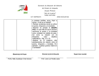 Secretaría de Educación del Gobierno 
del Estado de Campeche 
Escuela Primaria 
“año de la patria” 
TURNO MATUTINO 
CCT 04DPR0327X ZONA ESCOLAR 022 
a comprar tortillas, arroz, frijol o 
azúcar. ¿Cuál es su medida? 
-Plantear problemas donde se utilice 
el gramo, kilogramo y la tonelada. 
-Resolver en parejas el desafío 
#13, el cual trata de que el alumno 
reconozca el gramo y la tonelada 
como unidades de medida de peso. 
Así como su relación con el 
kilogramo. Libro desafíos 
matemáticos. Pág. 32 y 33. 
-Realizar en el cuaderno más 
planteamientos de relación entre el 
gramo, kilogramo y tonelada. Por 
ejemplo: ¿cuántos gramos habrá en 
5 toneladas? 
Maestro(a) de Grupo 
____________________________________ 
Profra. Nelly Guadalupe Chab Saravia 
Director (a) de la Escuela 
__________________________________ 
Profr. José Luis Peralta López 
Supervisor escolar 
____________________________________ 
 