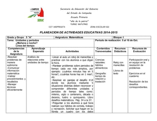 Secretaría de Educación del Gobierno 
del Estado de Campeche 
Escuela Primaria 
“año de la patria” 
TURNO MATUTINO 
CCT 04DPR0327X ZONA ESCOLAR 022 
PLANEACION DE ACTIVIDADES EDUCATIVAS 2014-2015 
Grado y Grupo 5 ”A” Asignatura: Matemáticas Bloque: I 
Tema: Unidades y periodos 
¿Mañana o noche? 
Línea del tiempo 
Periodo de realización: 5 al 10 de Oct. 
Competencias 
de la 
Asignatura 
Aprendizaje 
Esperado 
Actividades 
Contenidos 
Transversales 
Recursos 
Didácticos 
Recursos de 
Evaluación 
-Resolver 
problemas de 
manera 
autónoma 
-Comunicar 
información 
matemática 
-Validar 
procedimientos y 
resultados 
-Manejar 
técnicas 
eficientemente 
Análisis de 
relaciones entre 
unidades de tiempo 
Llevar al aula un reloj de manecillas y 
practicar con los alumnos a que digan 
la hora. 
tiempo cada vez más amplios, por 
ejemplo: ¿cuántos minutos hay en 5 
horas?, ¿cuántas horas hay en 1 mes?, 
etc. 
donde los alumnos mediante 5 
situaciones distintas deben reconocer y 
comprender diferentes unidades y 
periodos de tiempo tales como: 
milenio, siglo o centenario, década o 
decenio, lustro o quinquenio. Libro 
desafíos matemáticos. Pág. 34 a la 37. 
realizan sus hábitos de comida, trabajo 
y recreación. Solicitar que hagan en su 
libreta un cuadro con los datos 
Ciencias 
naturales: 
hábitos 
alimenticios 
Geografía: 
tiempo de 
rotación y 
traslación 
Reloj con 
manecillas 
Libros de 
texto 
Participación oral y 
en equipo en la 
resolución de 
problemas 
Ejercicios en el 
cuaderno 
Resolución de los 
desafíos 
correspondientes. 
 
