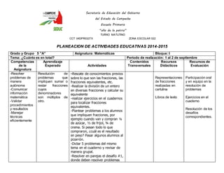Secretaría de Educación del Gobierno 
del Estado de Campeche 
Escuela Primaria 
“año de la patria” 
TURNO MATUTINO 
CCT 04DPR0327X ZONA ESCOLAR 022 
PLANEACION DE ACTIVIDADES EDUCATIVAS 2014-2015 
Grado y Grupo 5 ”A” Asignatura: Matemáticas Bloque: I 
Tema: ¿Cuánto es en total? Periodo de realización: 1 al 2 de septiembre 
Competencias 
de la 
Asignatura 
Aprendizaje 
Esperado 
Actividades 
Contenidos 
Transversales 
Recursos 
Didácticos 
Recursos de 
Evaluación 
-Resolver 
problemas de 
manera 
autónoma 
-Comunicar 
información 
matemática 
-Validar 
procedimientos 
y resultados 
-Manejar 
técnicas 
eficientemente 
Resolución de 
problemas que 
impliquen sumar o 
restar fracciones 
cuyos 
denominadores 
son múltiplos de 
otro. 
-Rescate de conocimientos previos 
sobre lo que son las fracciones, las 
fracciones equivalentes, etc. 
-Realizar la división de un entero 
en diversas fracciones y calcular su 
equivalente 
-realizar ejercicios en el cuadernos 
para localizar fracciones 
equivalentes. 
-Plantear problemas a los alumnos 
que impliquen fracciones, por 
ejemplo cuando van y compran ¼ 
de azúcar, ½ de frijol, ¾ de 
crema. Si pesan todo lo que 
compraron, ¿cuál es el resultado 
en peso? Pasar algunos alumnos al 
pizarrón. 
-Dictar 5 problemas del mismo 
tema en el cuaderno y revisar de 
manera grupal. 
-Resolver en parejas el desafío #1, 
donde deben resolver problemas 
Representaciones 
de fracciones 
realizadas en 
cartulina 
Libros de texto 
Participación oral 
y en equipo en la 
resolución de 
problemas 
Ejercicios en el 
cuaderno 
Resolución de los 
desafíos 
correspondientes. 
 