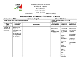 Secretaría de Educación del Gobierno 
del Estado de Campeche 
Escuela Primaria 
“año de la patria” 
TURNO MATUTINO 
CCT 04DPR0327X ZONA ESCOLAR 022 
PLANEACION DE ACTIVIDADES EDUCATIVAS 2014-2015 
Grado y Grupo 5 ”A” Asignatura: Geografía Bloque: I. La tierra 
Tema: Dónde hace calor y dónde hace frío Periodo de realización: 3 al 12 de 
septiembre 
Competencias 
de la 
Asignatura 
Aprendizaje 
Esperado 
Actividades 
Contenidos 
Transversales 
Recursos 
Didácticos 
Recursos de 
Evaluación 
• Manejo de 
información 
geográfica 
Reconoce en 
mapas la 
extensión y los 
límites 
territoriales de 
los continentes 
de la Tierra. 
Matemáticas: 
Líneas 
perpendiculares 
y paralelas. 
Experiment 
o: rayos del 
sol sobre la 
tierra 
Mapas y 
globos 
terráqueos 
Libros de 
texto 
Juego: 
Norte-Sur 
Atlas y 
libros de 
texto 
Material 
solicitado 
Participación 
oral individual 
y colectiva. 
Ejercicios en 
el cuaderno 
Exposición 
por equipo 
Ejercicios en 
libro 
 