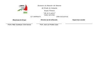 Secretaría de Educación del Gobierno 
del Estado de Campeche 
Escuela Primaria 
“año de la patria” 
TURNO MATUTINO 
CCT 04DPR0327X ZONA ESCOLAR 022 
Maestro(a) de Grupo 
____________________________________ 
Profra. Nelly Guadalupe Chab Saravia 
Director (a) de la Escuela 
__________________________________ 
Profr. José Luis Peralta López 
Supervisor escolar 
____________________________________ 
