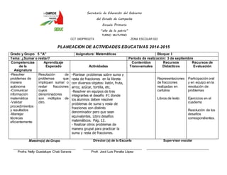 Secretaría de Educación del Gobierno 
del Estado de Campeche 
Escuela Primaria 
“año de la patria” 
TURNO MATUTINO 
CCT 04DPR0327X ZONA ESCOLAR 022 
PLANEACION DE ACTIVIDADES EDUCATIVAS 2014-2015 
Grado y Grupo 5 ”A” Asignatura: Matemáticas Bloque: I 
Tema: ¿Sumar o restar? Periodo de realización: 3 de septiembre 
Competencias 
de la 
Asignatura 
Aprendizaje 
Esperado 
Actividades 
Contenidos 
Transversales 
Recursos 
Didácticos 
Recursos de 
Evaluación 
-Resolver 
problemas de 
manera 
autónoma 
-Comunicar 
información 
matemática 
-Validar 
procedimientos 
y resultados 
-Manejar 
técnicas 
eficientemente 
Resolución de 
problemas que 
impliquen sumar o 
restar fracciones 
cuyos 
denominadores 
son múltiplos de 
otro. 
-Plantear problemas sobre suma y 
resta de fracciones en la libreta 
con diversos objetos: listón, fruta, 
arroz, azúcar, tortilla, etc. 
-Resolver en equipos de tres 
integrantes el desafío #1 donde 
los alumnos deben resolver 
problemas de suma y resta de 
fracciones con distinto 
denominador pero que sean 
equivalentes. Libro desafíos 
matemáticos. Pág. 12. 
- Realizar otros problemas de 
manera grupal para practicar la 
suma y resta de fracciones. 
Representaciones 
de fracciones 
realizadas en 
cartulina 
Libros de texto 
Participación oral 
y en equipo en la 
resolución de 
problemas 
Ejercicios en el 
cuaderno 
Resolución de los 
desafíos 
correspondientes. 
Maestro(a) de Grupo 
____________________________________ 
Profra. Nelly Guadalupe Chab Saravia 
Director (a) de la Escuela 
__________________________________ 
Profr. José Luis Peralta López 
Supervisor escolar 
____________________________________ 
 