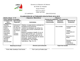 Secretaría de Educación del Gobierno 
del Estado de Campeche 
Escuela Primaria 
“año de la patria” 
TURNO MATUTINO 
CCT 04DPR0327X ZONA ESCOLAR 022 
PLANEACION DE ACTIVIDADES EDUCATIVAS 2014-2015 
Grado y Grupo 5 ”A” Asignatura: Matemáticas Bloque: I 
Tema: Anticipo el resultado Periodo de realización: 5 de septiembre 
Competencias 
de la 
Asignatura 
Aprendizaje 
Esperado 
Actividades 
Contenidos 
Transversales 
Recursos 
Didácticos 
Recursos de 
Evaluación 
-Resolver 
problemas de 
manera 
autónoma 
-Comunicar 
información 
matemática 
-Validar 
procedimientos 
y resultados 
-Manejar 
técnicas 
eficientemente 
Anticipación 
del número 
de cifras del 
cociente de 
una división 
con 
números 
naturales 
-Realizar un juego donde se anticipen los 
resultados de las divisiones. 
-analizar las estrategias que utilizan los 
alumnos para conocer la estimación del 
resultado. 
Resolver en parejas el desafío #4, en el 
cual se debe permitir que los alumnos 
seleccionen el resultado exacto de una 
división de números naturales de manera 
anticipada, usando diversos 
procedimientos. Libro desafíos 
matemáticos. Pág. 14 y 15. 
-libro de texto 
Participación oral 
y grupal 
Trabajo 
colaborativo en 
equipo 
Ejercicios en la 
libreta 
Resolución de los 
desafíos 
matemáticos 
correspondientes 
Maestro(a) de Grupo 
____________________________________ 
Profra. Nelly Guadalupe Chab Saravia 
Director (a) de la Escuela 
__________________________________ 
Profr. José Luis Peralta López 
Supervisor escolar 
____________________________________ 
 