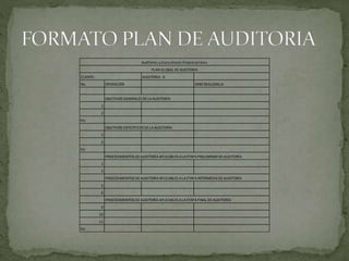 CLIENTE: AUDITORIA A:
No. OPERACIÓN DEBEREALIZARLA:
OBJETIVOS GENERALES DELAAUDITORÍA
1
2
Etc
OBJETIVOS ESPECÍFICOS DELAAUDITORÍA
1
2
Etc
PROCEDIMIENTOS DEAUDITORÍAAPLICABLES ALAETAPAPRELIMINAR DEAUDITORÍA
1
2
PROCEDIMIENTOS DEAUDITORÍAAPLICABLES ALAETAPAINTERMEDIADEAUDITORÍA
5
6
PROCEDIMIENTOS DEAUDITORÍAAPLICABLES ALAETAPAFINAL DEAUDITORÍA
9
10
11
Etc
Auditores y Consultores Empresariales
PLAN GLOBAL DEAUDITORIA
 