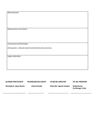 Observaciones: 
Adecuaciones curriculares: 
Anticipación de dificultades: 
Anticipación : a falta de material y desinterés de los alumnos 
Logros obtenidos: 
ALUMNO PRACTICANTE 
Betzayda A. López Barrón 
ENCARGADO DEL GRUPO 
Liliana Estrada 
VO.BO DEL DIRECTOR 
Orfa Lidia Aguilar Campos 
VO. BO. PROFESOR 
Helga Donaxí 
Torróntegui Ávila 
