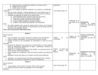 d) ¿Qué emociones o sentimientos identifican en el poema leído?
e) ¿Saben que es una rima?
f) ¿Saben que es un verso?
 Anoten en su cuaderno de apuntes la definición de un poema y su clasificación.
Desarrollo
 Lean de manera individual, 4 poemas diferentes de su guía didáctica pág. 78.
 Identifiquen los sentimientos y emociones evocadas por el autor en el poema.
 Contesten las preguntas de análisis de los poemas leídos:
a) ¿Qué sentimiento evoca el poema cultivo una rosa blanca?
b) ¿Qué emoción evoca el poema de Amado Nervo?
c) ¿Cuál de los poemas trata el tema de la muerte?
d) ¿A qué se refiere el fragmento del poema Nieblas?
e) ¿Cuáles son los poemas que presentan rima consonante?
Cierre
 De manera individual, lean uno de los poemas frente al grupo, de tal manera
que entre todos se logre identificar los sentimientos que los autores tratan de
transmitir en los diferentes poemas.
Tarea: traer tres poemas de diferentes autores
clasificación
* Guía didáctica pág. 78.
*Preguntas de su
guía didáctica pg.
78
Participación
*Participa de manera
activa en el desarrollo de
la actividad
Sesión 2
Que los alumnos:
Inicio
 Lean una estrofa de un poema colocado en “el tablero de los sentimientos”.
 Peguen imágenes relacionadas con el sentimiento que evoca el poeta.
 Analicen la forma en que acomodaron los sentimientos en cada una de las
estrofas.
Desarrollo
 Comenten las diferencias que encuentra en un texto poético y un texto narrativo
(forma de presentación, presentación de ideas o sentimientos, presencia de
personajes y recursos literarios).
 Anoten en su cuaderno la definición de las estrofas, con ayuda del poema “Al
viento” del autor Vicente Riva Palacios.
 Formen equipos de 5 integrantes y lean entre todos los poemas que trajeron de
tarea.
 Identifiquen de que trata cada uno y acuerdan una forma para clasificarlos.
Cierre
 Compartan con el resto del grupo los criterios de clasificación de sus poemas.
 Seleccionen una estrofa que represente el criterio de clasificación.
*Tablero de los
sentimientos
*Poema “Al viento” del
autor Vicente Riva
Palacios
*Tablero de los
sentimientos
Clasificación de
poemas
Lectura y comprensión
*Comprende el
sentimiento que evoca el
poeta
Clasificación de poemas
*Identifica los
sentimientos en un
poema y los clasifica
Sesión 3
Que los alumnos:
Inicio
 Lean el poema “soneto sonetil”, en la pág. 163 de su libro de texto.
 Analicen el poema en base a las preguntas de la misma página.
Desarrollo
*Libro de texto pág. 163
 