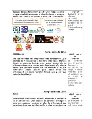 Después del cuestionamiento pondré unas imágenes en la 
mesa y unas indicaciones en el pizarrón donde el alumno 
tendrá que poner la imagen en el lugar que corresponda. 
Tiempo estimado: 20min 
evalúa? 
Evaluaré si el 
alumno 
reconoció 
inst ituciones del 
cuidado de su 
salud 
Con una lista de 
cotejo. 
DESARROLLO 
Una vez ubicadas las imágenes donde corresponde , por 
equipos de 4 integrantes se les dará unas hojas blancas 
donde los alumnos tendrán que poner alguna de las 
enfermedades que se dan en estas épocas del año donde 
tendrá que plasmar, cuales son los síntomas y a que 
instituciones podría acudir para poder tratar esa 
enfermedad así como también tendrá que poner que 
tratamientos utilizaría. 
Tiempo estimando :25min 
¿Qué y cómo 
se 
evalúa? 
Se evaluará 
que el alumno 
Reconozca 
situaciones de 
riesgo y ut ilice 
medidas para 
el cuidado de 
su salud e 
integridad 
personal 
Con una lista de 
cotejo. 
CIERRE 
Para finalizar la actividad una vez terminado el informe se 
les proporcionarán unos pedazos de cartulina e imágenes 
para que puedan plasmar en ellas la enfermedad que 
escogieron junto con su información y algunas medidas de 
¿Qué y cómo 
se 
evalúa? 
Se evaluará la 
comprensión 
del tema sobre 
Instituciones o actividades que 
representen el cuidado de la salud. 
Instituciones o actividades 
que NO representen el 
cuidado de la salud 
 