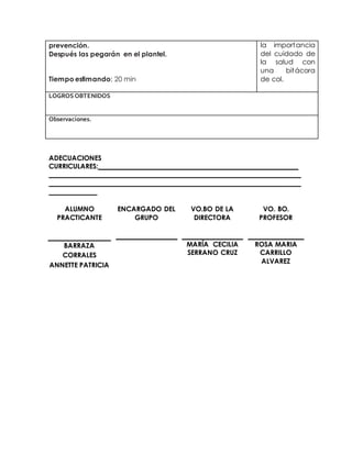 prevención. 
Después las pegarán en el plantel. 
Tiempo estimando: 20 min 
la importancia 
del cuidado de 
la salud con 
una bitácora 
de col. 
LOGROS OBTENIDOS 
Observaciones. 
ADECUACIONES 
CURRICULARES:__________________________________________________________ 
_________________________________________________________________________ 
_________________________________________________________________________ 
______________ 
ALUMNO 
PRACTICANTE 
ENCARGADO DEL 
GRUPO 
VO.BO DE LA 
DIRECTORA 
VO. BO. 
PROFESOR 
BARRAZA 
CORRALES 
ANNETTE PATRICIA 
MARÍA CECILIA 
SERRANO CRUZ 
ROSA MARIA 
CARRILLO 
ALVAREZ 
