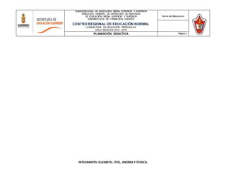 INTEGRANTES: ELIZABETH, ITZEL, ANDREA Y YESSICA.
SUBSECRETARÍA DE EDUCACIÓN MEDIA SUPERIOR Y SUPERIOR
DIRECCIÓN GENERAL DE OPERACIÓN DE SERVICIOS
DE EDUCACIÓN MEDIA SUPERIOR Y SUPERIOR
SUBDIRECCIÓN DE FORMACIÓN DOCENTE
CENTRO REGIONAL DE EDUCACIÓN NORMAL
LICENCIATURA EN EDUCACIÓN PREESCOLAR
CICLO ESCOLAR 2015 - 2016
Fecha de Elaboración:
PLANEACIÓN DIDÁCTICA Página 2
 