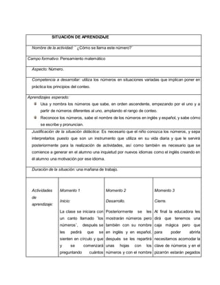 SITUACIÓN DE APRENDIZAJE 
Nombre de la actividad: ¨ ¿Cómo se llama este número?¨ 
Campo formativo: Pensamiento matemático 
Aspecto: Número. 
Competencia a desarrollar: utiliza los números en situaciones variadas que implican poner en 
práctica los principios del conteo. 
Aprendizajes esperado: 
Usa y nombra los números que sabe, en orden ascendente, empezando por el uno y a 
partir de números diferentes al uno, ampliando el rango de conteo. 
Reconoce los números, sabe el nombre de los números en inglés y español, y sabe cómo 
se escribe y pronuncian. 
Justificación de la situación didáctica: Es necesario que el niño conozca los números, y sepa 
interpretarlos puesto que son un instrumento que utiliza en su vida diaria y que le servirá 
posteriormente para la realización de actividades, así como también es necesario que se 
comience a generar en el alumno una inquietud por nuevos idiomas como el inglés creando en 
él alumno una motivación por ese idioma. 
Duración de la situación: una mañana de trabajo. 
Actividades 
de 
aprendizaje: 
Momento 1 
Inicio: 
La clase se iniciara con 
un canto llamado ¨los 
números¨, después se 
les pedirá que se 
sienten en círculo y que 
y se comenzará 
preguntando cuántos 
Momento 2 
Desarrollo. 
Posteriormente se les 
mostrarán números pero 
también con su nombre 
en inglés y en español, 
después se les repartirá 
unas hojas con los 
números y con el nombre 
Momento 3 
Cierre. 
Al final la educadora les 
dirá que tenemos una 
caja mágica pero que 
para poder abrirla 
necesitamos acomodar la 
clave de números y en el 
pizarrón estarán pegados 
 