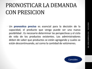 PRONOSTICAR LA DEMANDA
CON PRESICION
• Un pronostico preciso es esencial para la decisión de la
capacidad, el producto que venga puede ser una nueva
posibilidad . Es necesario determinar las perspectivas y el ciclo
de vida de los productos existentes. Los administradores
deben de saber que productos se están agregando y cuales se
están descontinuando, así como la cantidad de volúmenes.
05/11/2024
ING.
EDNA
GABRIELA
CEJA
Consider.
 