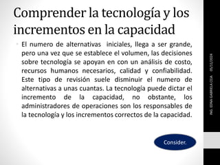 Comprender la tecnología y los
incrementos en la capacidad
• El numero de alternativas iniciales, llega a ser grande,
pero una vez que se establece el volumen, las decisiones
sobre tecnología se apoyan en con un análisis de costo,
recursos humanos necesarios, calidad y confiabilidad.
Este tipo de revisión suele disminuir el numero de
alternativas a unas cuantas. La tecnología puede dictar el
incremento de la capacidad, no obstante, los
administradores de operaciones son los responsables de
la tecnología y los incrementos correctos de la capacidad.
05/11/2024
ING.
EDNA
GABRIELA
CEJA
Consider.
 