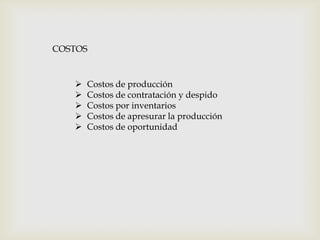 COSTOS







Costos de producción
Costos de contratación y despido
Costos por inventarios
Costos de apresurar la producción
Costos de oportunidad

 
