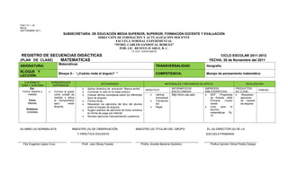 FSA-7.5.1.-18
REVA
SEPTIEMBRE 2011
                               SUBSECRETARÍA DE EDUCACIÓN MEDIA SUPERIOR, SUPERIOR, FORMACIÓN DOCENTE Y EVALUACIÓN
                                                DIRECCIÓN DE FORMACIÓN Y ACTUALIZACIÓN DOCENTE
                                                         ESCUELA NORMAL EXPERIMENTAL
                                                        “MTRO. CARLOS SANDOVAL ROBLES”
                                                           POB. LIC. BENITO JUÁREZ, B. C.
                                                                                       CLAVE: 02DNL0001B
 REGISTRO DE SECUENCIAS DIDÁCTICAS                                                                                                                  CICLO ESCOLAR 2011-2012
(PLAN DE CLASE)  MATEMATICAS                                                                                                                   FECHA: 30 de Noviembre del 2011
                             Matemáticas
ASIGNATURA:                                                                                               TRANSVERSALIDAD:                   Geografía
BLOQUE Y
                             Bloque II.- “¿Cuánto mide el ángulo? ”                                       COMPETENCIA:                       Manejo de pensamiento matemático
LECCIÓN:
  EJE/ÁMBITO          APRENDIZAJES
                                                            ACTIVIDADES                                          MATERIALES Y RECURSOS DE APOYO                              REALIZACIÓN
TEMA Y SUBTEMA         ESPERADOS
      Eje:                                       Aplicar dinámica de activación “Manos arriba”.                        INFORMÁTICOS         IMPRESOS                  PRODUCTOS
                                                                                                    DIDÁCTICO                                                                          TAREAS:
 Forma, espacio y       Conoce el grado          Comentar lo visto en la clase anterior.                               ENCICLOMEDIA         BIBLIOGRÁFICOS            DE CLASE:
     medida             como unidad de           Colocar lámina conceptual sobre los diferentes           Lámina       http:/nlvm.usu.edu       SEP. Programas            Resuelven
                        medida y utiliza         tipos de ángulos.                                        conceptual                            de Estudio 2009          ejercicios
     Tema:              el transportador         Formar binas.                                            Transporta                            Primaria.    Cuarto      de trazado
     Medida             para      medir          Resuelven los ejercicios del libro del alumno            dor                                   Grado.                   de ángulos.
                        ángulos.                 sobre el trazado de ángulos.                             Regla                                 Libro     para   el
    Subtema:                                     Sugerir práctica de ejercicios de recta numérica                                               alumno;
    Unidades                                     en forma de juego por internet.                                                                matemáticas Pp.
                                                 Revisan ejercicios intercambiando cuadernos.                                                   73




ALUMNO (A) NORMALISTA                 MAESTRO (A) DE OBSERVACIÓN                           MAESTRO (A) TITULAR DEL GRUPO                     EL (A) DIRECTOR (A) DE LA
                                           Y PRÁCTICA DOCENTE                                                                               ESCUELA PRIMARIA


  Flor Eugenia López Cruz.                   Profr. Joel Zibray Favela                         Profra. Aurelia Becerra Quintero                 Profra.Carmen Olivia Pulido Celaya
 