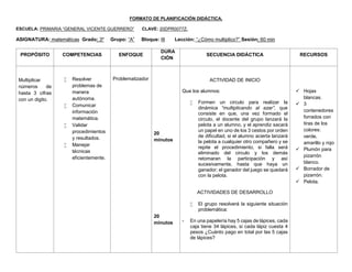 FORMATO DE PLANIFICACIÓN DIDÁCTICA.
ESCUELA: PRIMARIA “GENERAL VICENTE GUERRERO” CLAVE: 20DPR0077Z.
ASIGNATURA: matemáticas Grado: 3º Grupo: “A” Bloque: III Lección: “¿Cómo multiplico?” Sesión: 60 min
PROPÓSITO COMPETENCIAS ENFOQUE
DURA
CIÓN
SECUENCIA DIDÁCTICA RECURSOS
Multiplicar
números de
hasta 3 cifras
con un digito.
 Resolver
problemas de
manera
autónoma.
 Comunicar
información
matemática.
 Validar
procedimientos
y resultados.
 Manejar
técnicas
eficientemente.
Problematizador
20
minutos
20
minutos
ACTIVIDAD DE INICIO
Que los alumnos:
 Formen un circulo para realizar la
dinámica “multiplicando al azar”, que
consiste en que, una vez formado el
circulo, el docente del grupo lanzará la
pelota a un alumno, y el aprendiz sacará
un papel en uno de los 3 cestos por orden
de dificultad, si el alumno acierta lanzará
la pelota a cualquier otro compañero y se
repite el procedimiento, si falla será
eliminado del circulo y los demás
retomaran la participación y así
sucesivamente, hasta que haya un
ganador; el ganador del juego se quedará
con la pelota.
ACTIVIDADES DE DESARROLLO
 El grupo resolverá la siguiente situación
problemática:
- En una papelería hay 5 cajas de lápices, cada
caja tiene 34 lápices, si cada lápiz cuesta 4
pesos ¿Cuánto pago en total por las 5 cajas
de lápices?
 Hojas
blancas.
 3
contenedores
forrados con
tiras de los
colores:
verde,
amarillo y rojo
 Plumón para
pizarrón
blanco.
 Borrador de
pizarrón.
 Pelota.
 