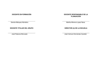 DOCENTE EN FORMACIÓN DOCENTE RESPONSABLE DE LA
PLANEACIÓN
Sandra Márquez Montalvo Martha Minerva Lopez Nava
DOCENTE TITULAR DEL GRUPO DIRECTOR (A) DE LA ESCUELA
José Palacios Moncada José Ventura Hernández Quistián
 