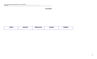 ¿QUÉ CALIFICACION NOS MERECEMOS COMO EQUIPO?_____________________________
¿POR QUÉ?___________________________________________________________________________________________


                                                                                      ¡FELICIDADES!




          LUNES                        MARTES                    MIERCOLES                     JUEVES   VIERNES




                                                                                                                  12
 